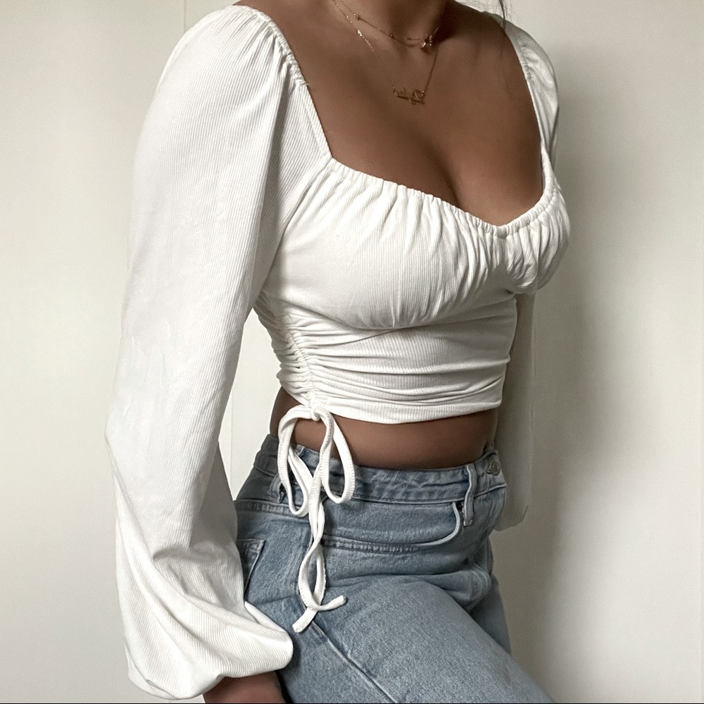 Petal & Pup Long Balloon Sleeve Ruched Side Tie Crop Top
